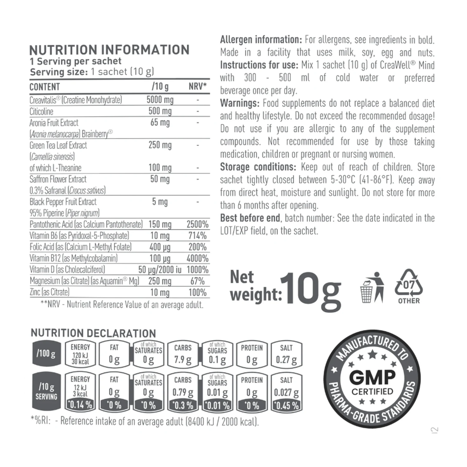 Informații nutriționale CreaWell Mind